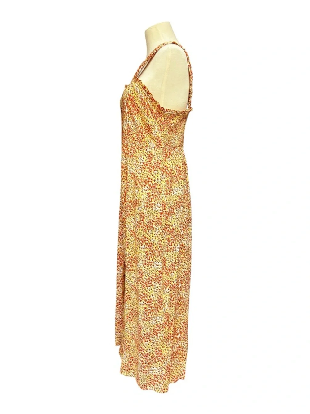 Japna Yellow Orange Floral Maxi Dress Button Front Smocked Back Size L - Picture 4 of 10